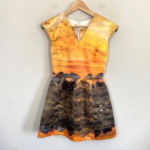 Kamila Kurbani Peplum Top Women Size XS? Yellow Landscape Scene Photograph Flaw